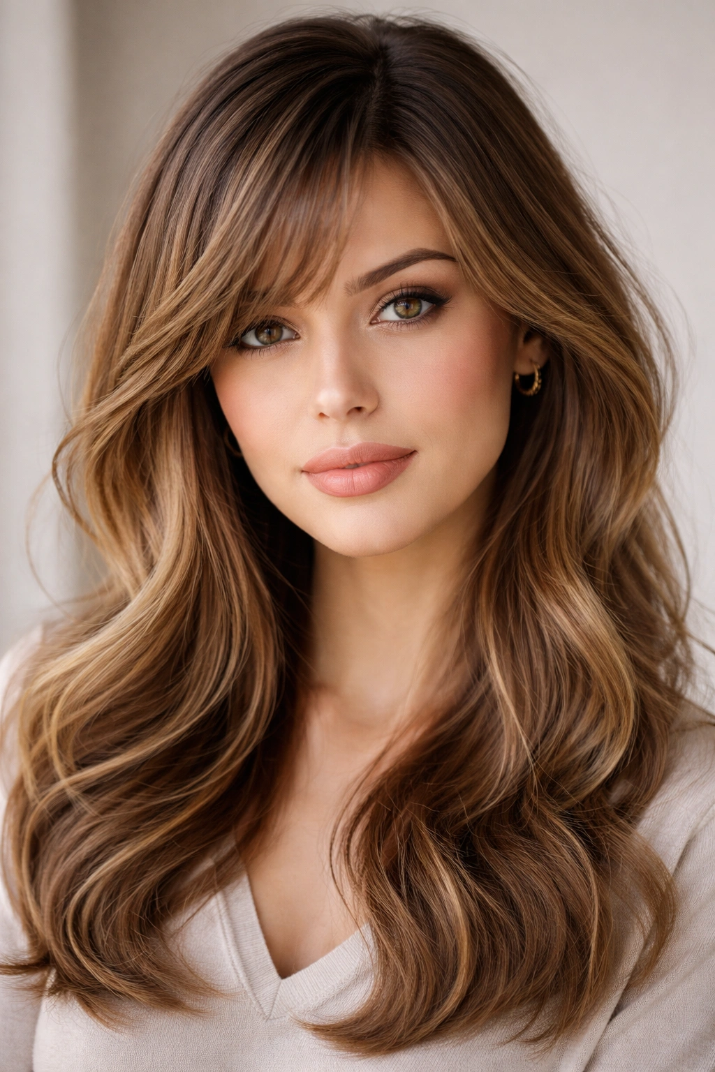 10 Face Framing Bang Styles With A Side Part 5 Close-up of a model with textured feathered bangs and side part showing soft layers