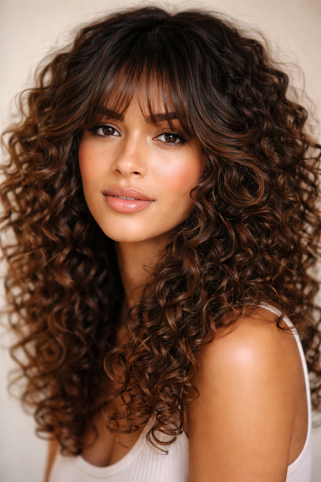 18 Gorgeous Ways To Wear Bangs With Curly Hair 11 Close-up of feathered bangs with soft angled layers on curly hair.