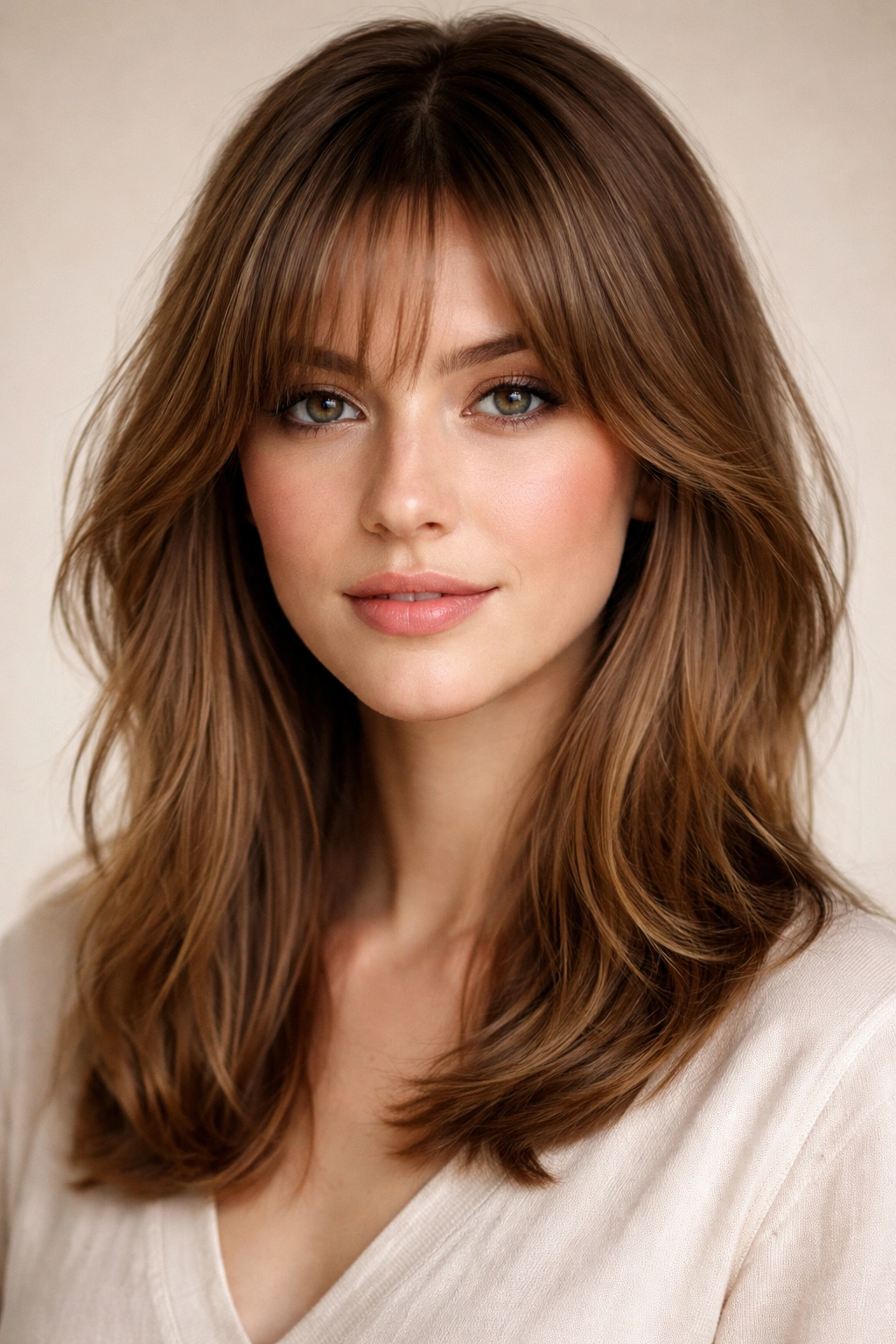 Soft feathered bangs curving away from the face in a calm studio portrait