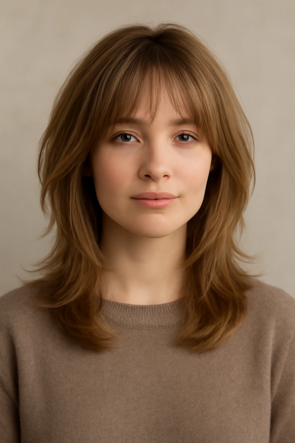 Hair with feathered bangs and soft layers in a romantic look