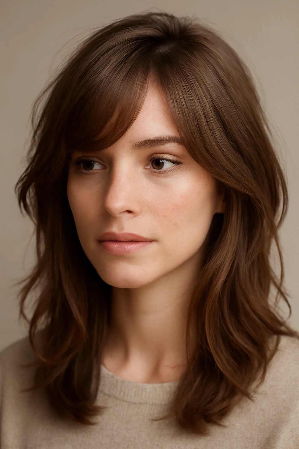 Portrait of feathered bangs with a soft side part and texture