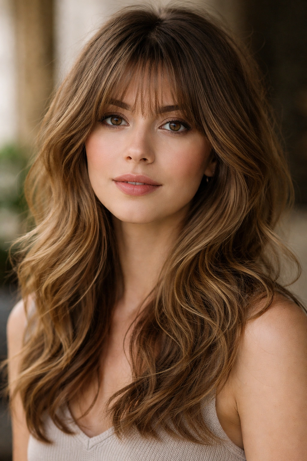 20 Medium Hairstyles With Bangs For Any Face 12 Feathered bangs with soft waves giving airy, textured hair.