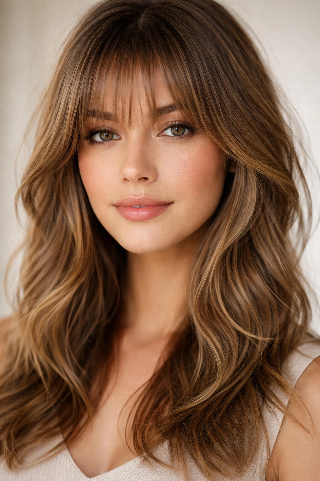 Close-up of wispy feathered bangs with soft movement framing the face