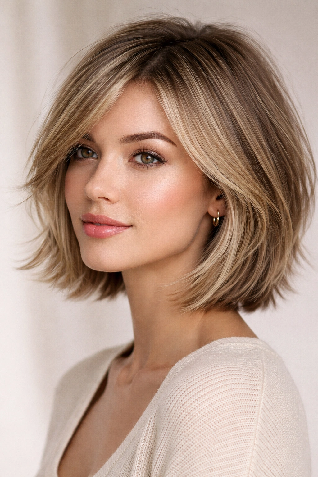 Soft feathered bob showing tapered layers around the face