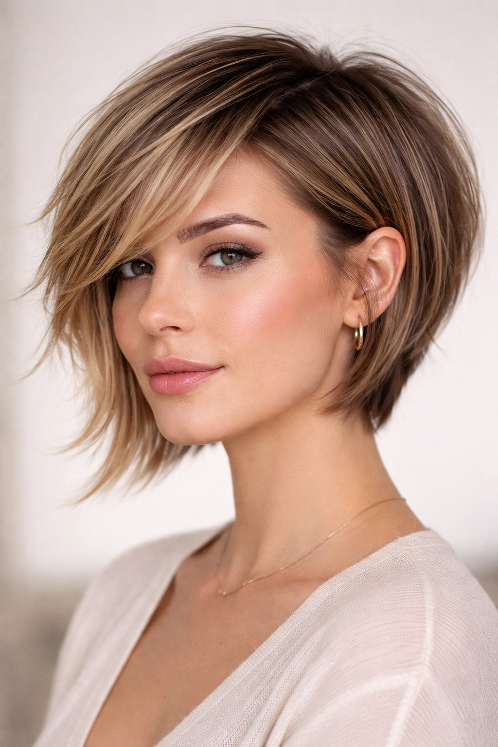 Asymmetrical feathered bob with one short side and one longer side