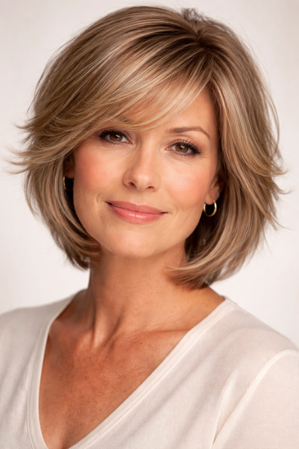 Close-up of a woman with a feathered bob and side-swept bangs.