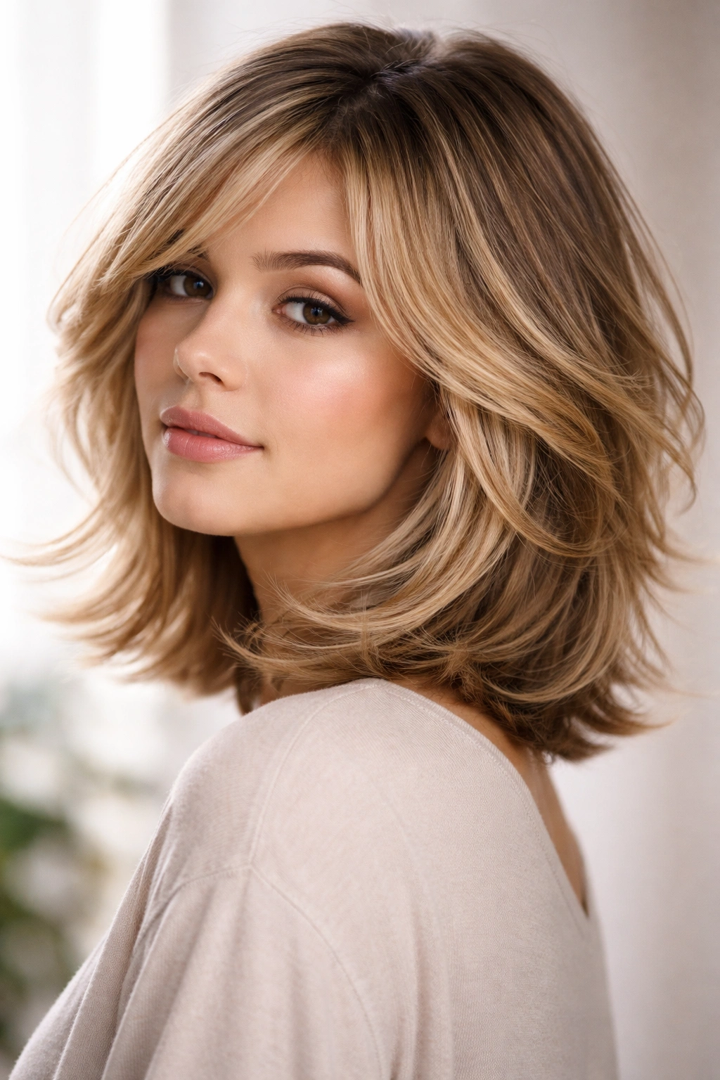Model with feathered bob showing interior shorter layers and outward-feathered ends.