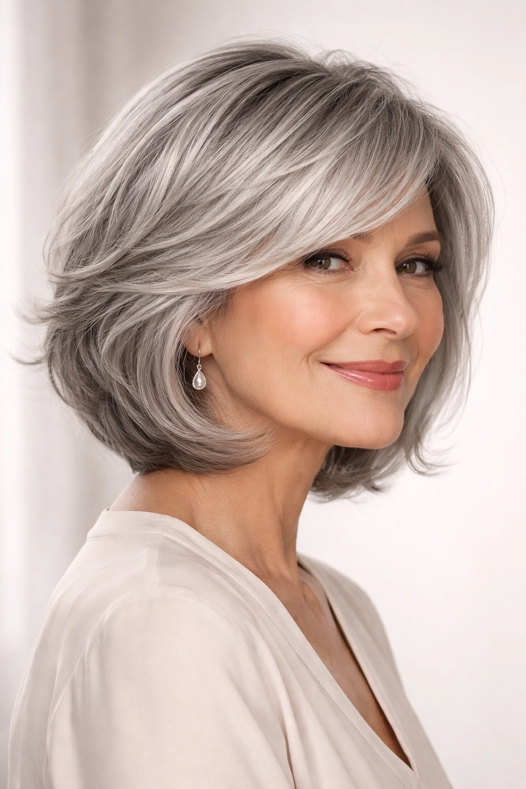 Gray feathered bob with side-swept bangs
