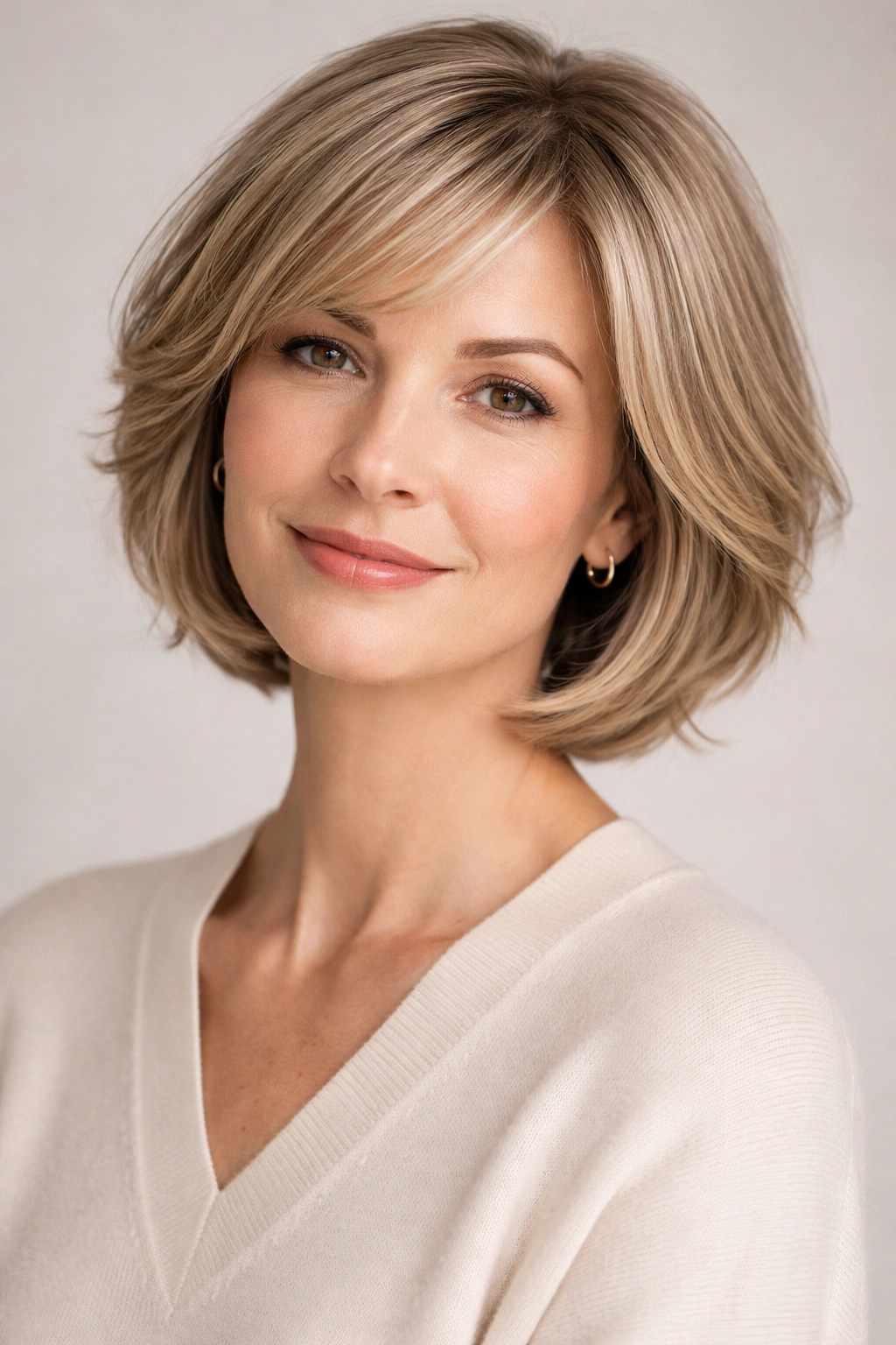 Close-up of chin-length feathered bob with wispy ends and shine