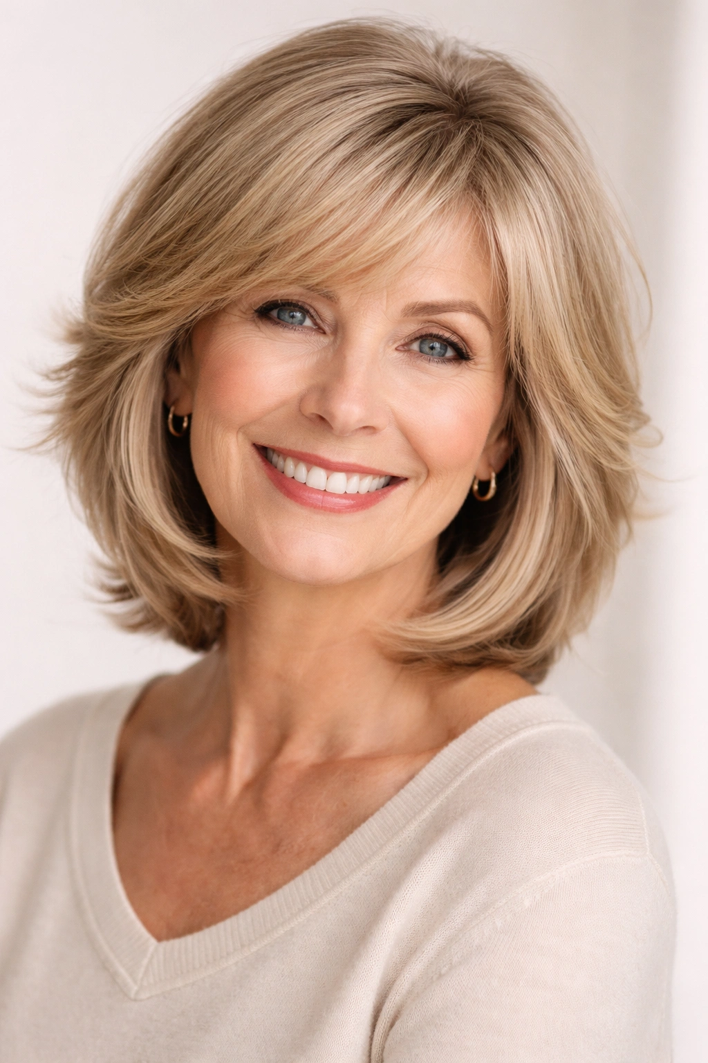 Mid-length feathered bob with soft layers creating movement