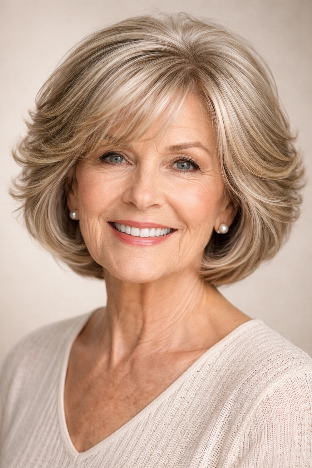 Feathered bob with highlights and face-framing layers