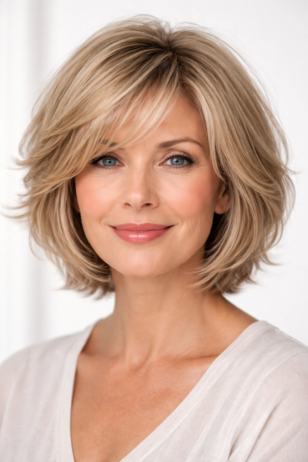 Feathered bob with light, feathered layers around the perimeter