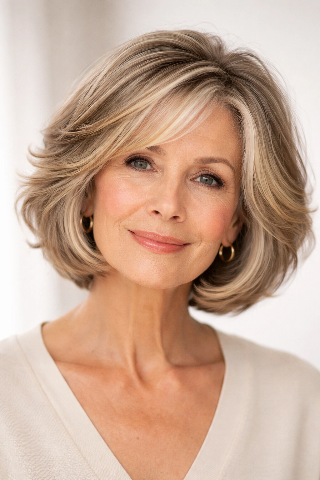 Feathered chin-length bob with money pieces framing the face