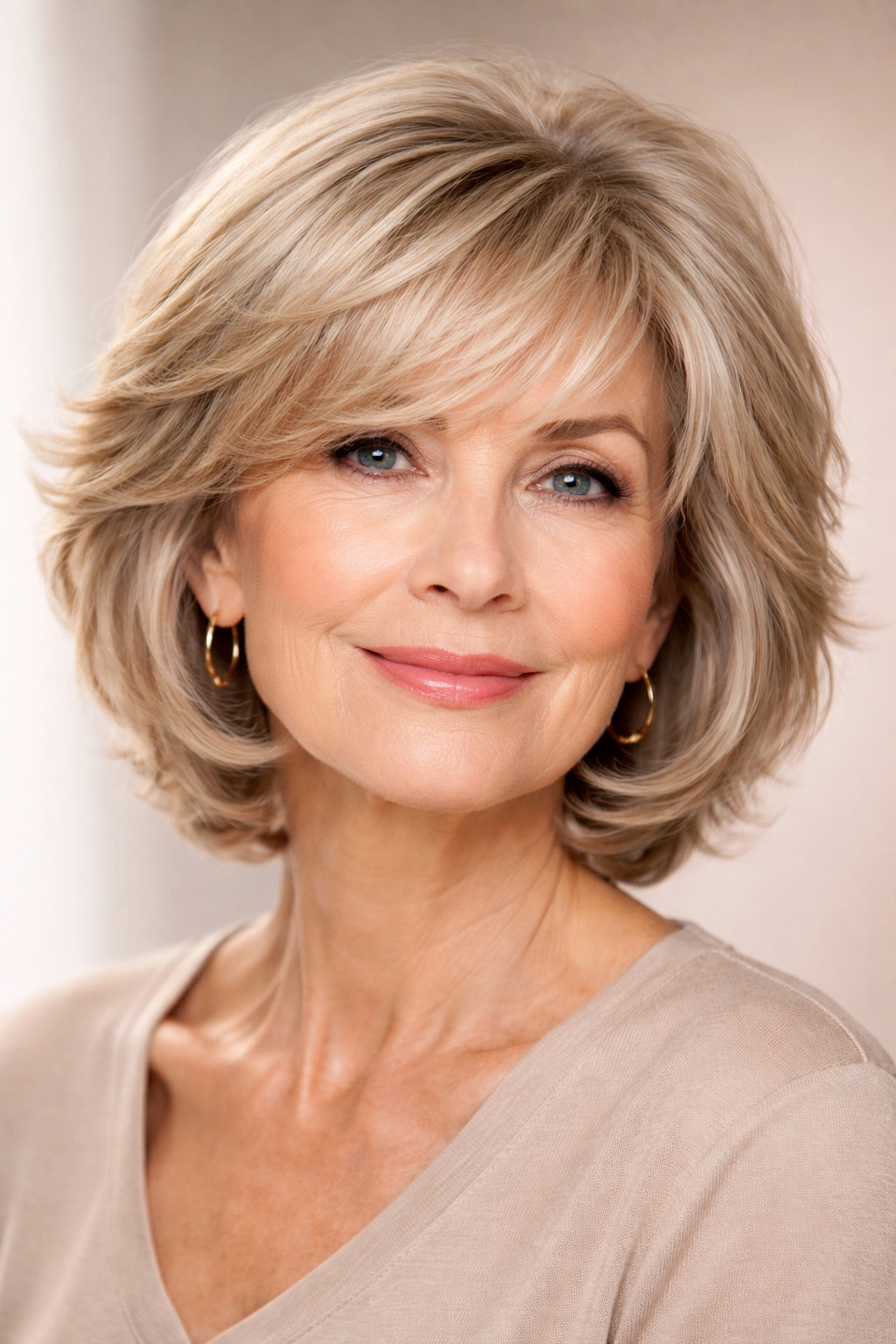 Feathered bob with side-swept bangs showing movement and texture