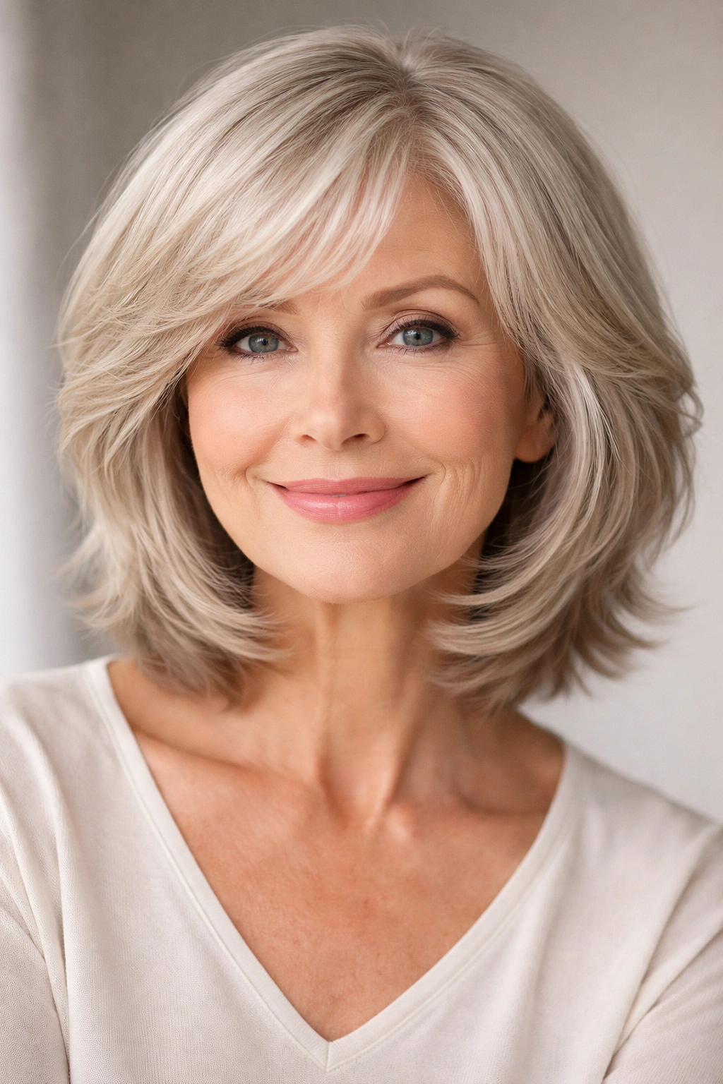 Portrait of a woman with a feathered bob showing feathered perimeter layers