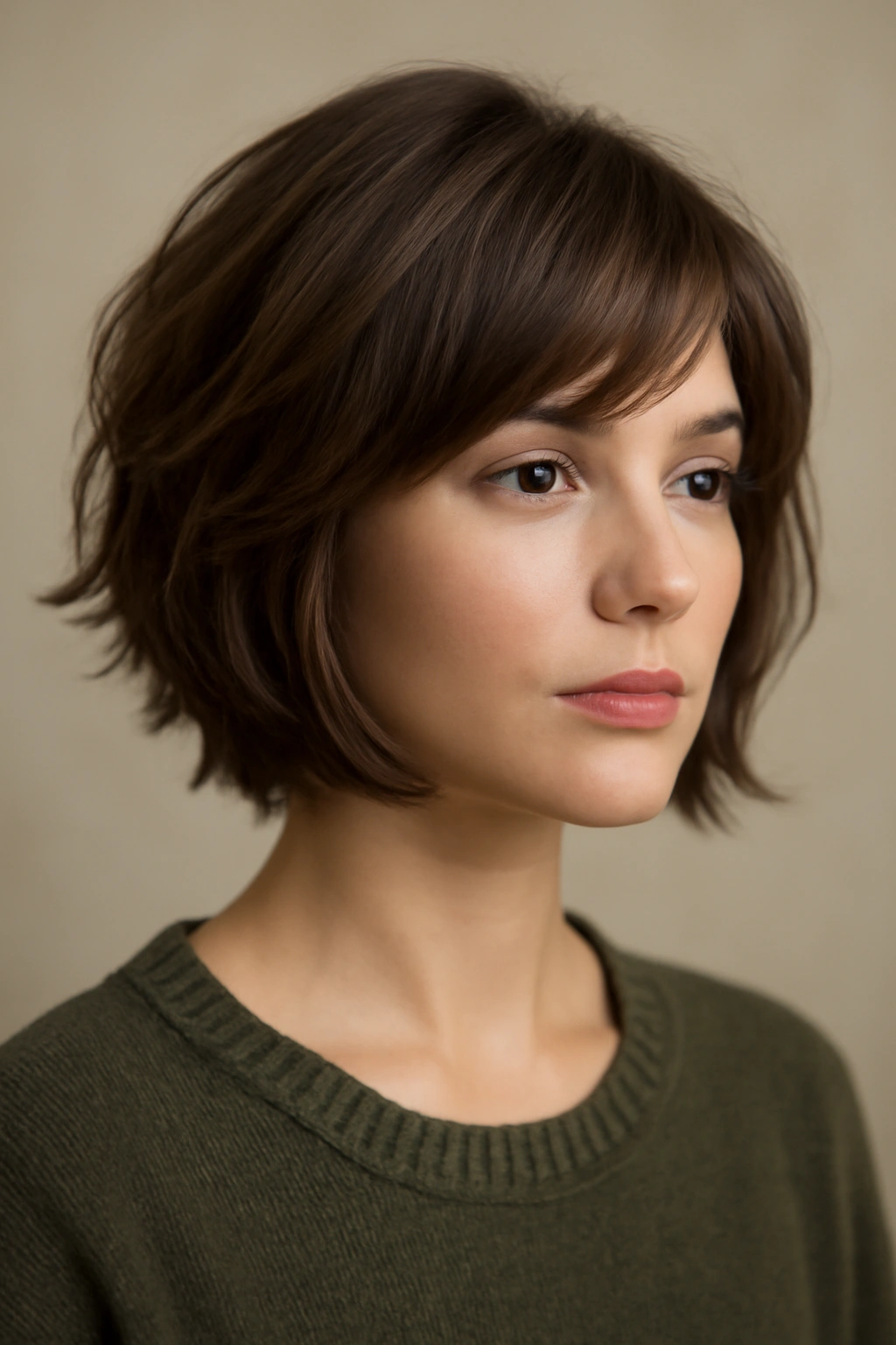 20 Short Bob Hairstyles You Can Style in Minutes 20 Close-up portrait of a model with a feathered bob showing layered, feathery texture