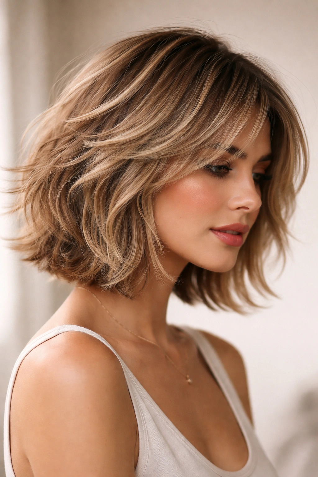 12 Edgy Bob Cuts For Women Who Love Bold Hair 7 Portrait of a person with a feathered textured bob featuring outward feathering and soft waves.