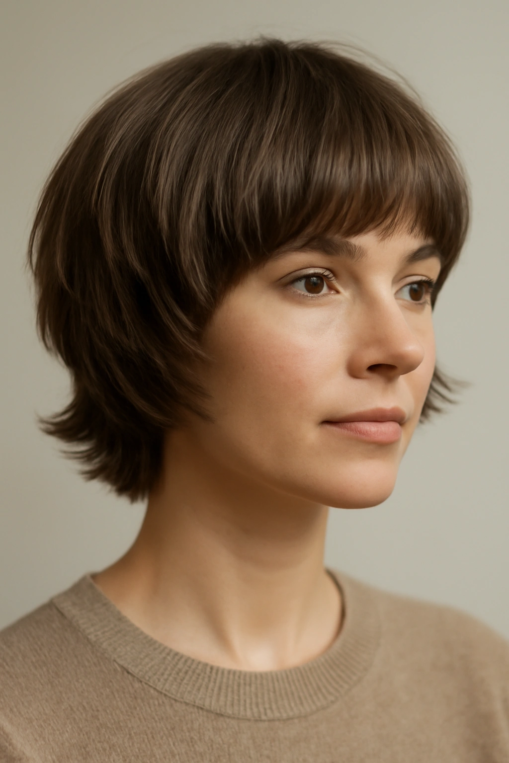 10 Modern Bowl Cuts Women Are Actually Getting 8 Portrait of a person with a feathered soft bowl haircut featuring curved layers
