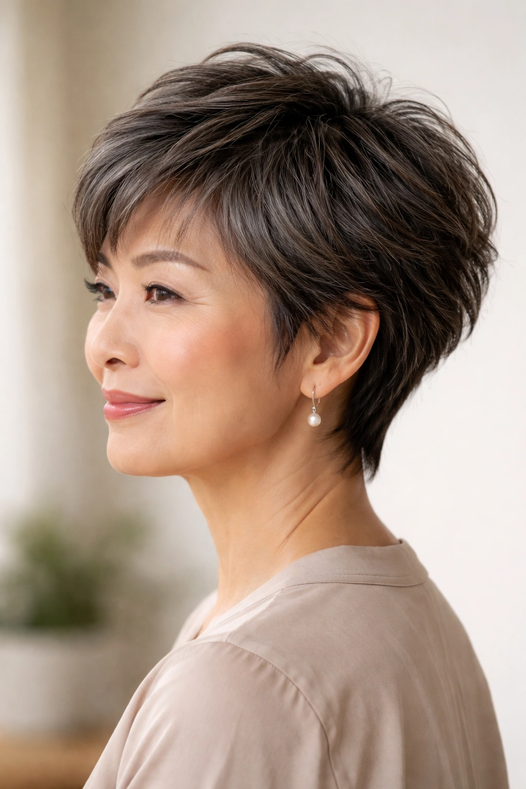Asian woman over 50 with a feathered crop showing soft, feathered layers