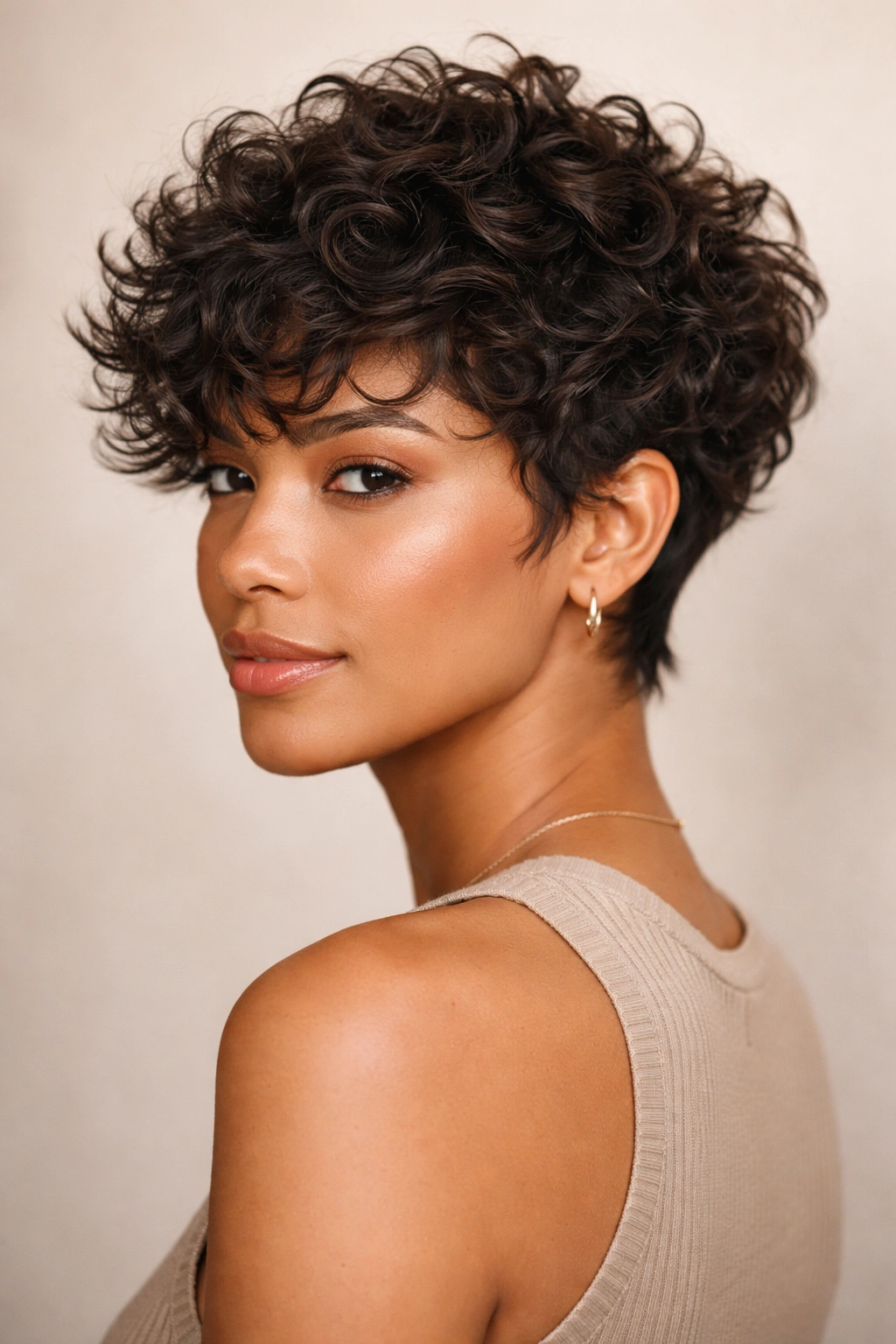 12 Short Curly Looks Suited To Every Curl Type 9 Close-up of a feathered crop hairstyle with tapered layers
