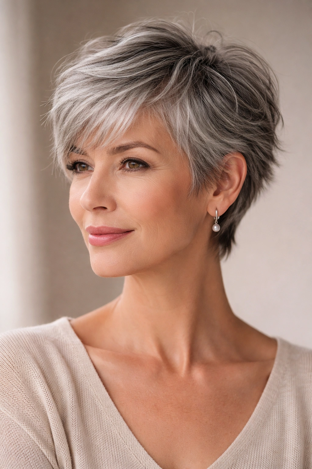 Portrait of a woman with a soft feathered gray crop showing layered texture and lift.