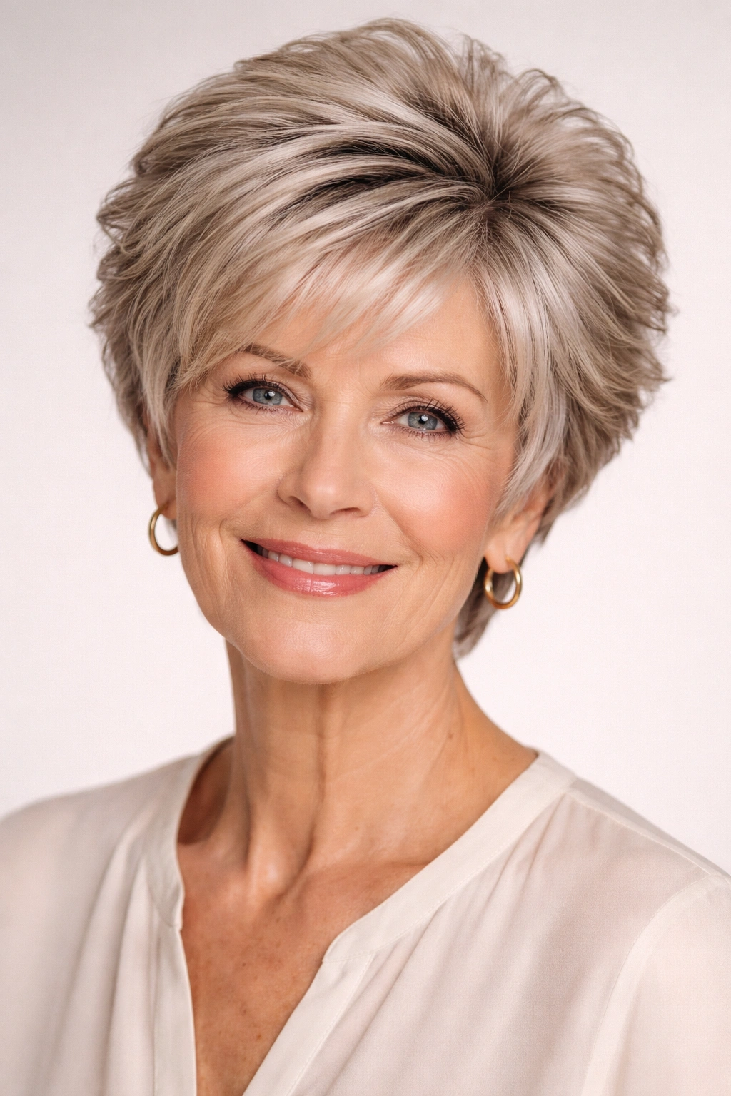 Close-up of a thick-haired head with a feathered crop and height on top.