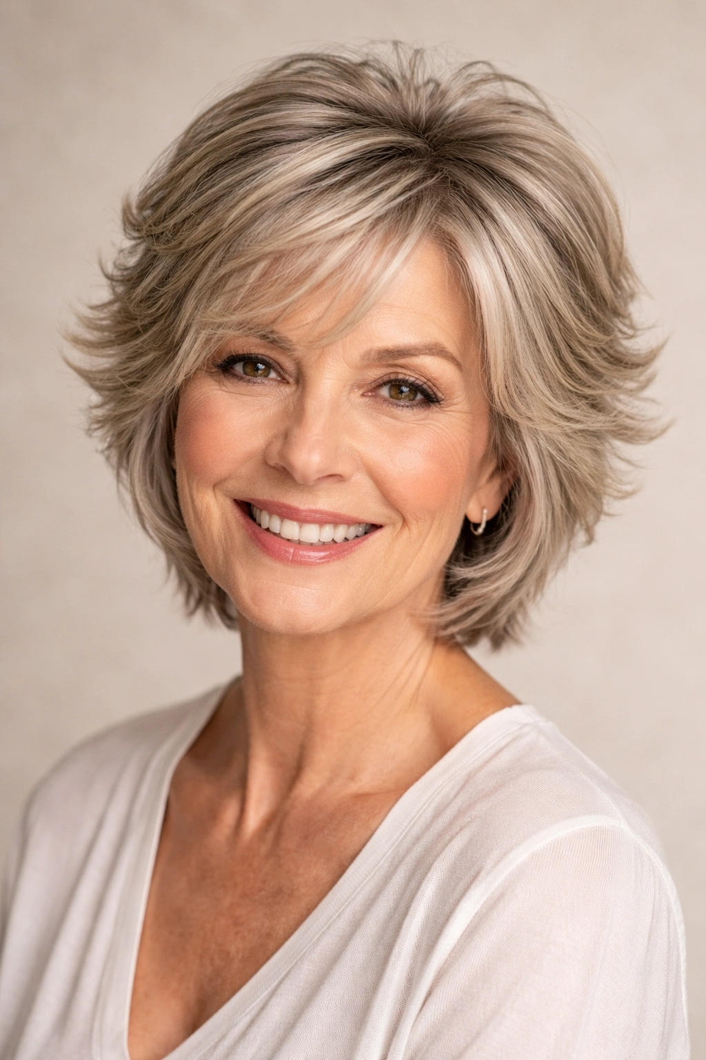 Feathered crop with face-framing layers showing movement around cheeks
