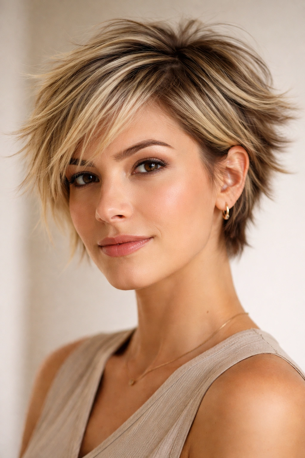 15 Short Low Maintenance Cuts For A Busy Life 14 Close-up of a feathered crop with short choppy layers pointing away from the head