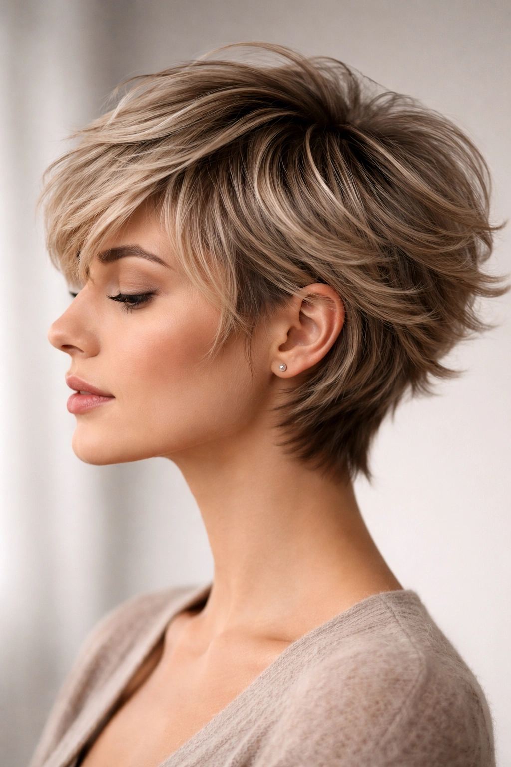 Side profile of a feathered crop with outward flipping layers and movement