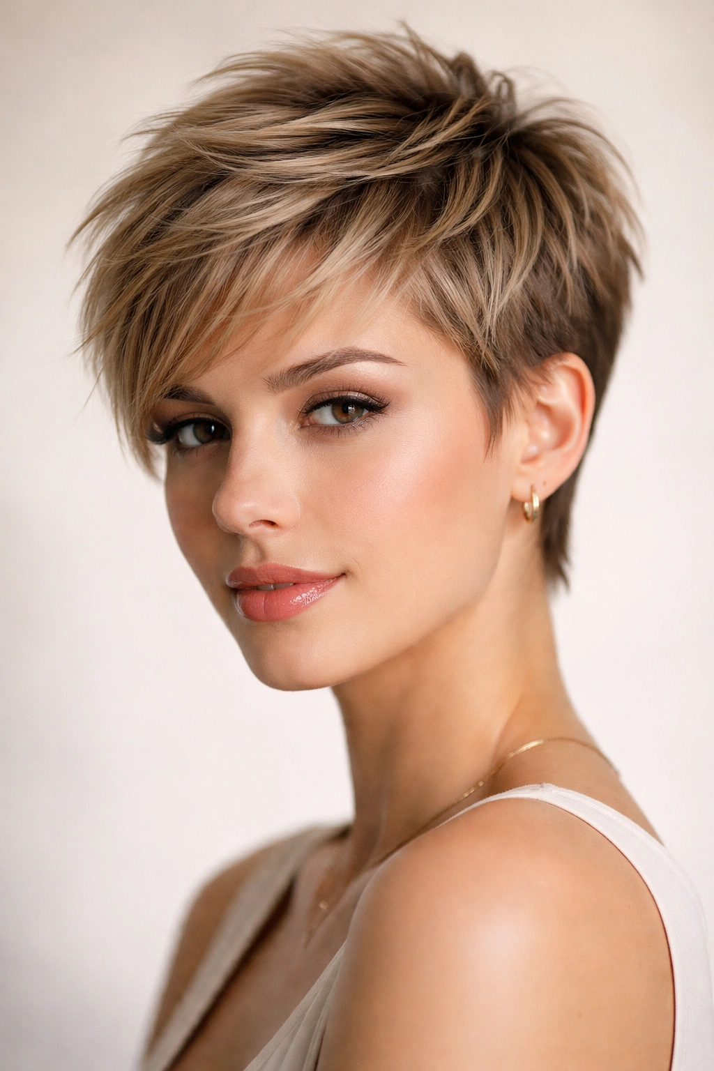 Feathered crop with short sides and longer feathered top