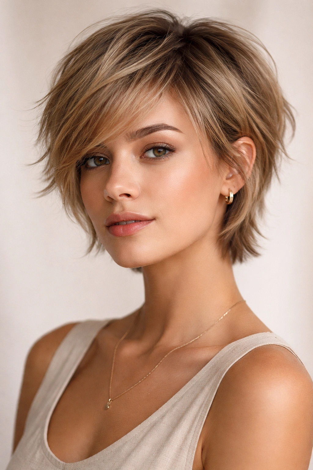 Close-up of a soft feathered crop with angled layers and gentle movement.
