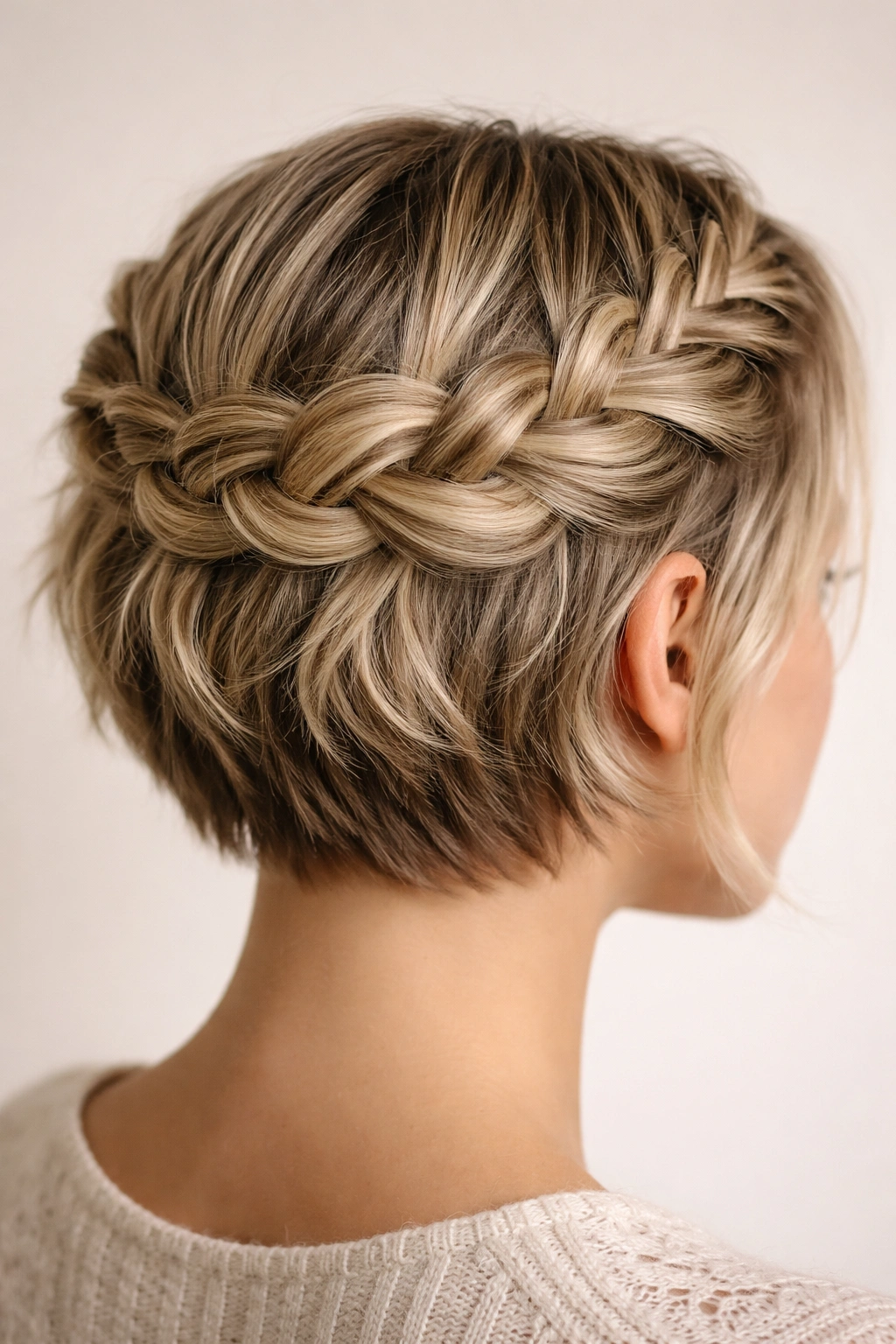 10 Viking Inspired Braids That Work Well On Short Hair 2 Close-up of a crown braid forming a halo around a short hairstyle with feathered texture