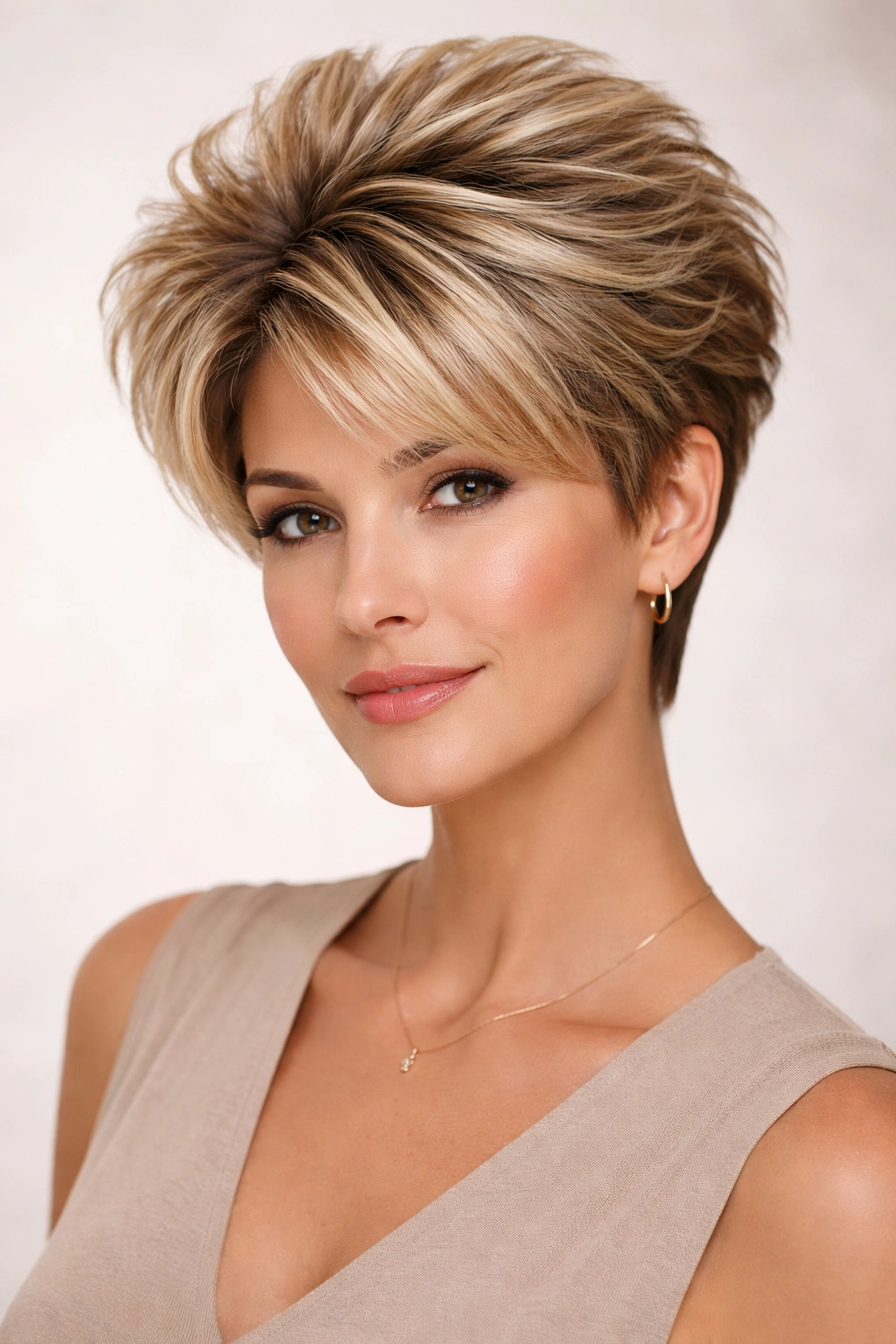 Feathered Crown with Shorter Sides close-up highlighting crown volume and feathered texture