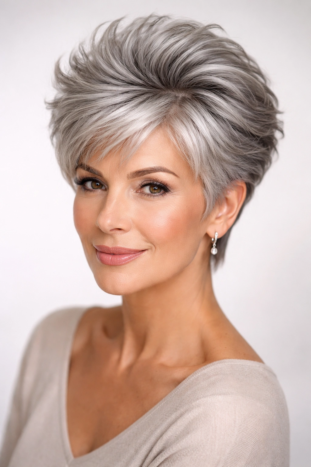Feathered crown pixie hairstyle with volume in gray hair