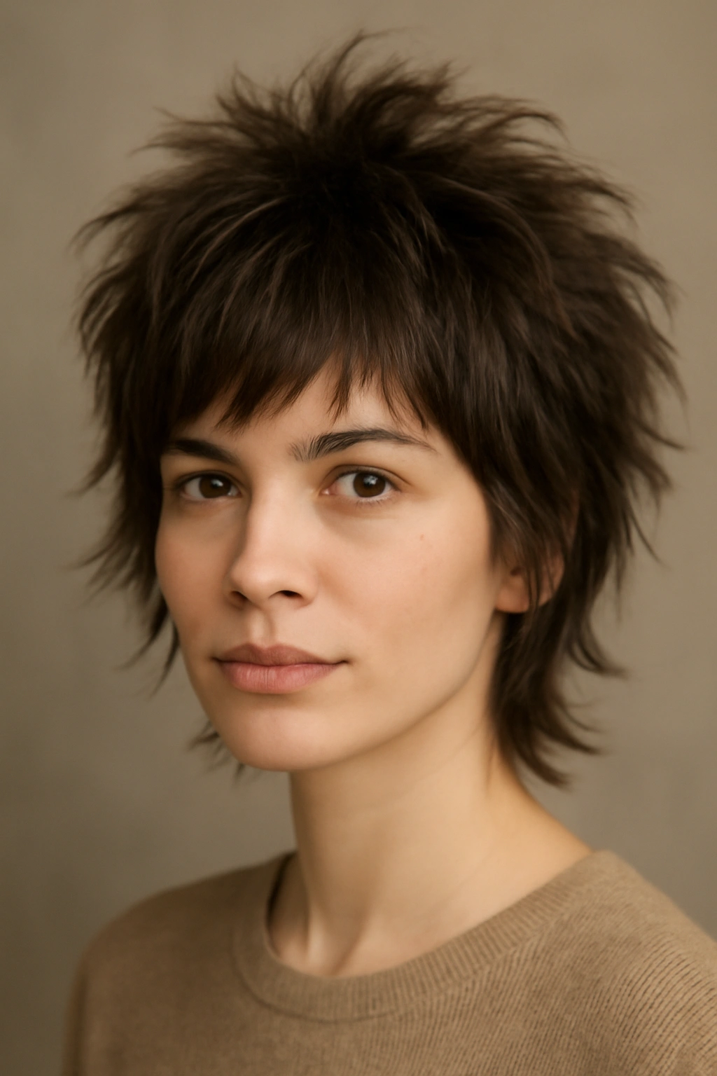 20 Short Shag Haircuts for Easy, Effortless Mornings 5 Portrait of feathered crown shag with lifted crown and outward feathered layers