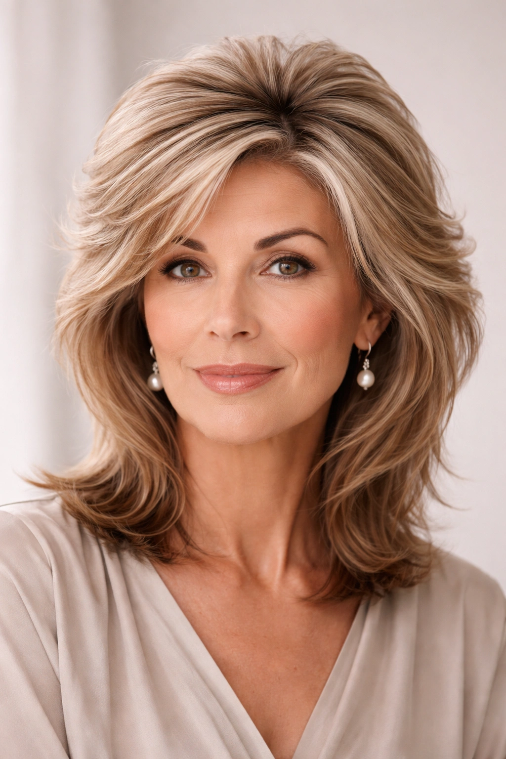 Head-and-shoulders portrait showing a feathered crown hairstyle with crown volume