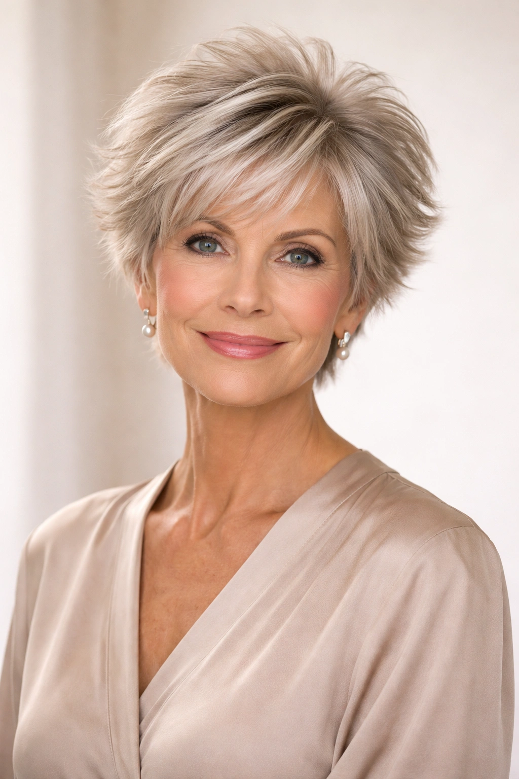 Portrait of a woman with a feathered cut showing crown lift