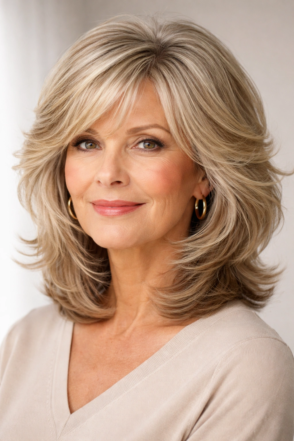 Head-and-shoulders portrait of a person with a feathered cut highlighting hair texture and type suitability