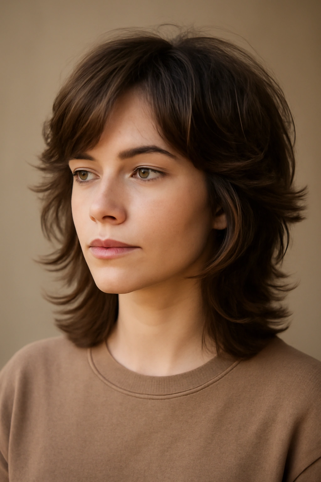 15 Wash and Go Haircuts That Need Almost No Effort 10 Feathered cut hairstyle with lifted top layers and outward shape in a studio portrait.