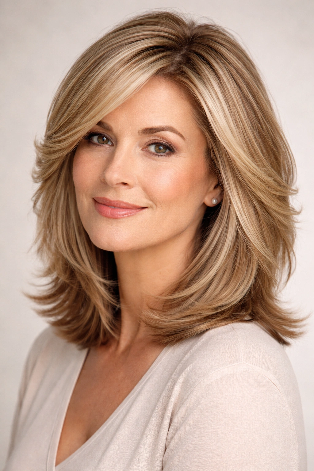 Portrait of a woman with a feathered cut and deep side part