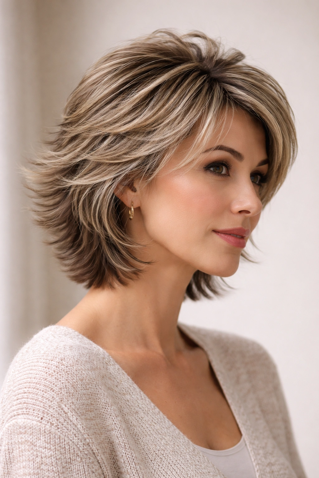Feathered cut hairstyle with layers feathering away from the face.