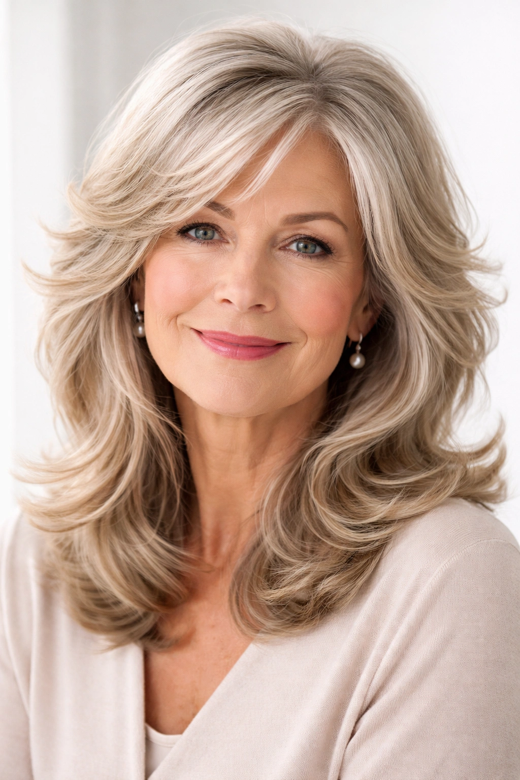 Hair with feathered cut and soft waves showing texture
