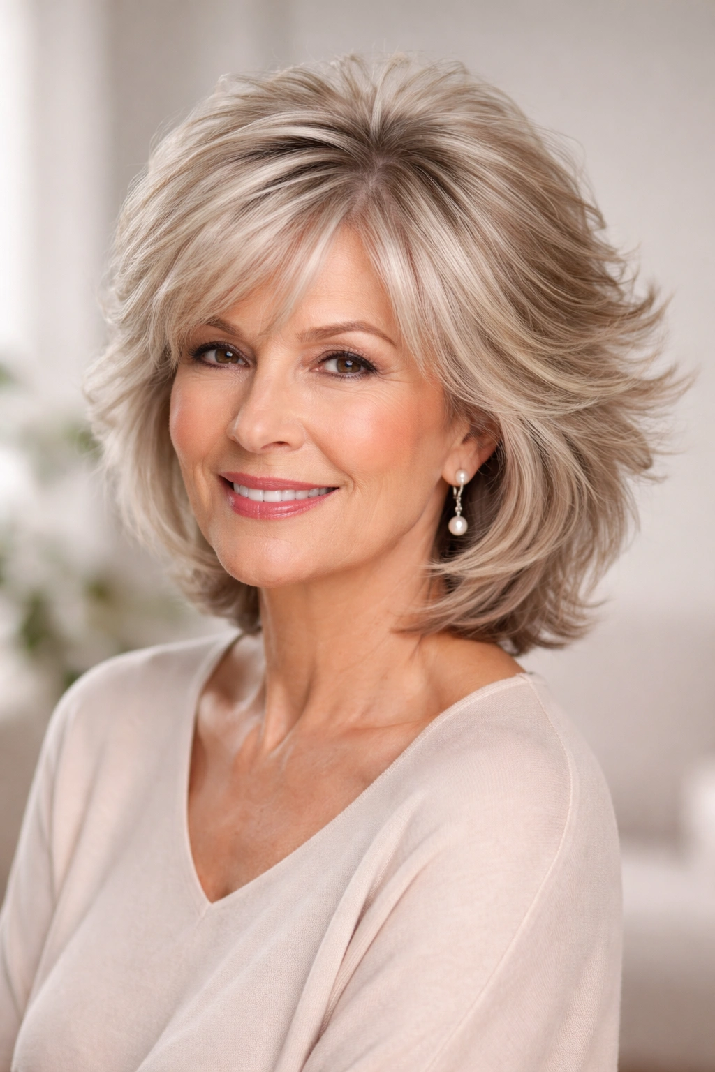 Portrait of a person with feathered haircut showing texture and lift for styling tips