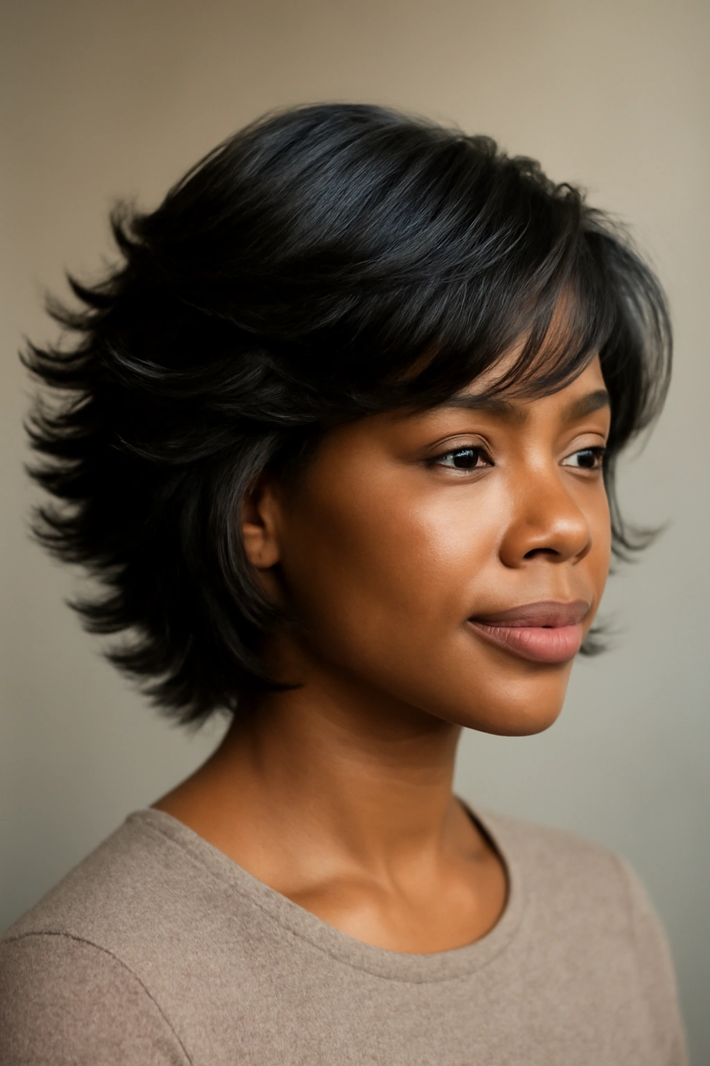 10 Flip Hairstyles Black Women Always Look Great In 2 Close-up of The Feathered Flip With Layering showing layered outward flips for movement on a Black woman