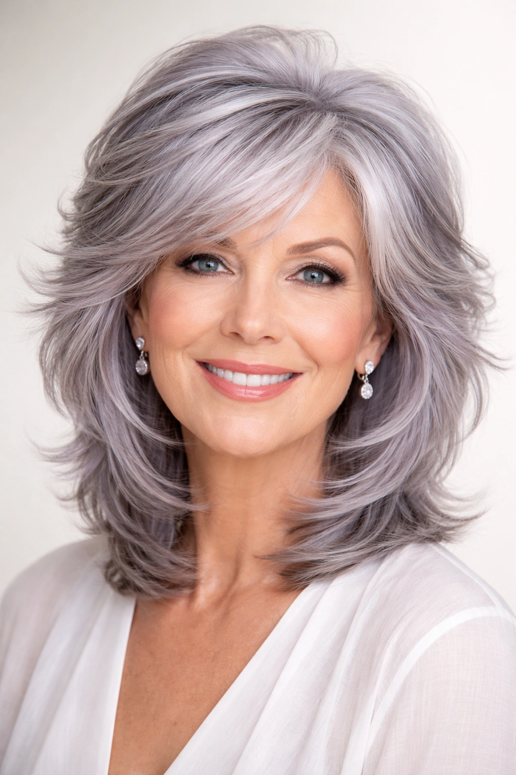 Woman with silver-gray feathered cut and subtle lavender highlights