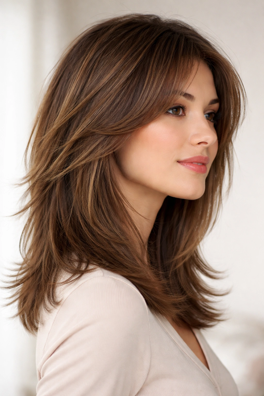 Mid-length hair with feathered ends and subtle layering.