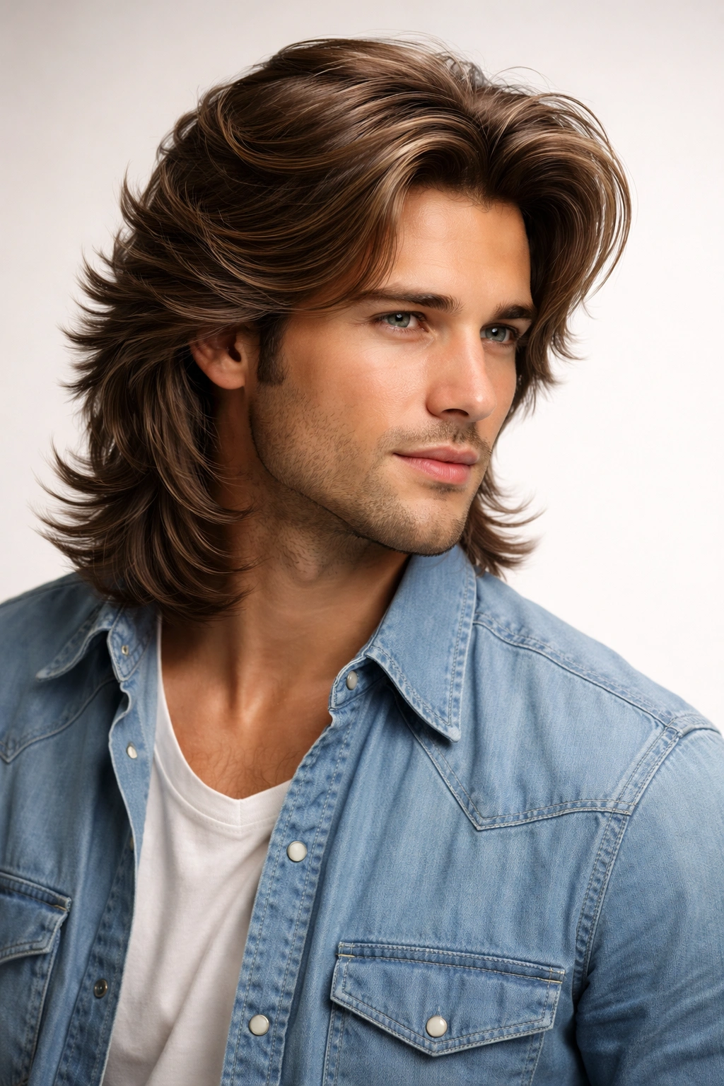 Person with smooth feathered layers swept back from face