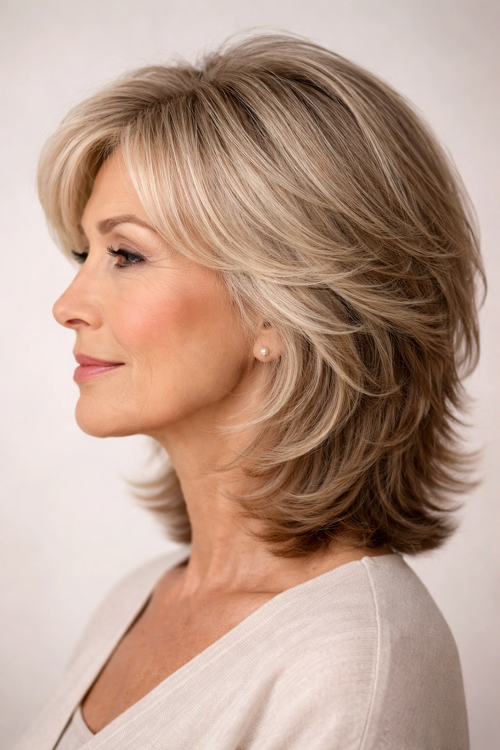Close-up profile of a feathered hairstyle flattering face shape with face-framing layers