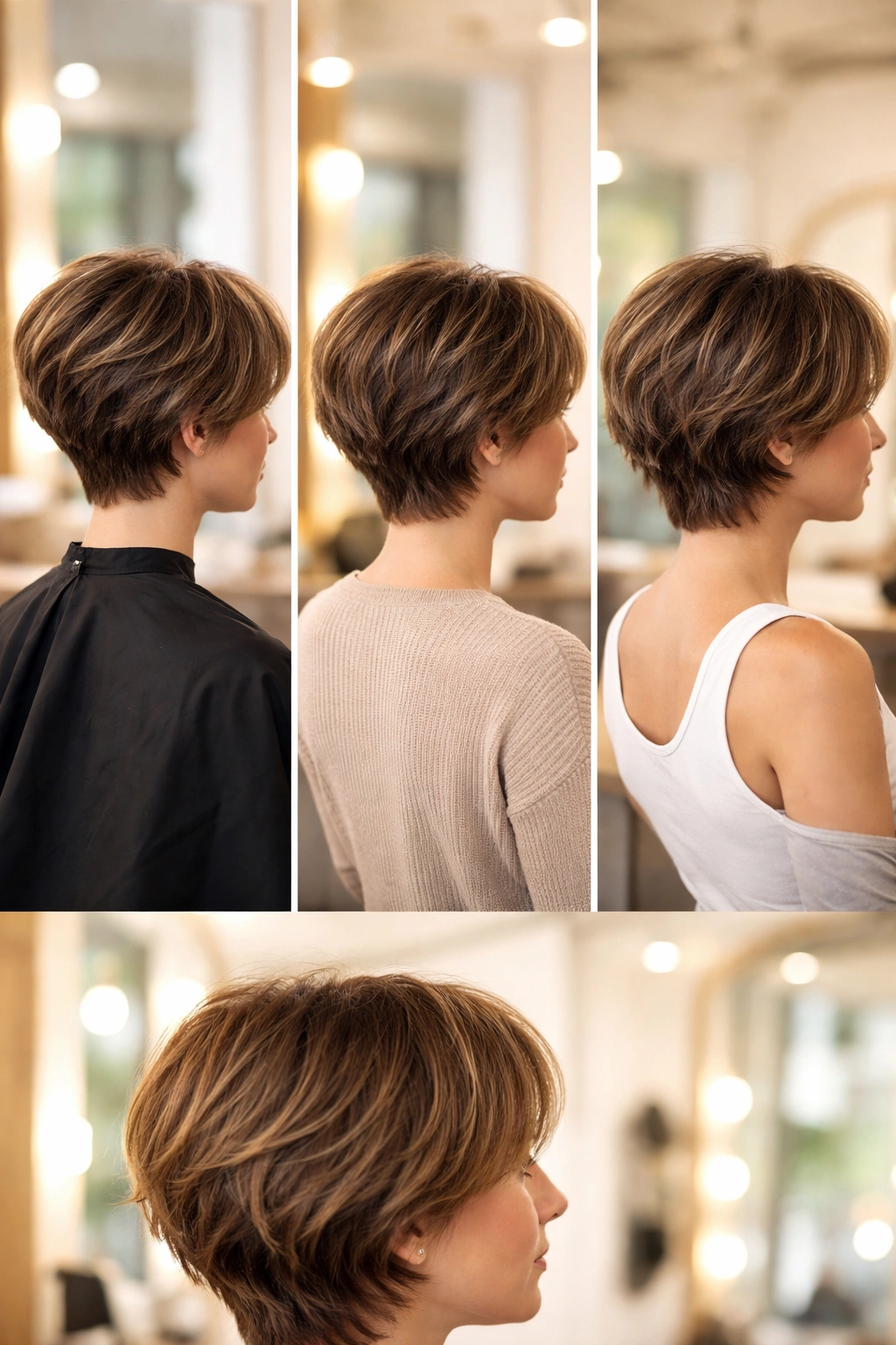 10 Feathered Short Haircuts With Soft Wispy Layers 13 Triptych portrait showing feathered short haircut at three growth stages from trimmed to longer with wispy layers