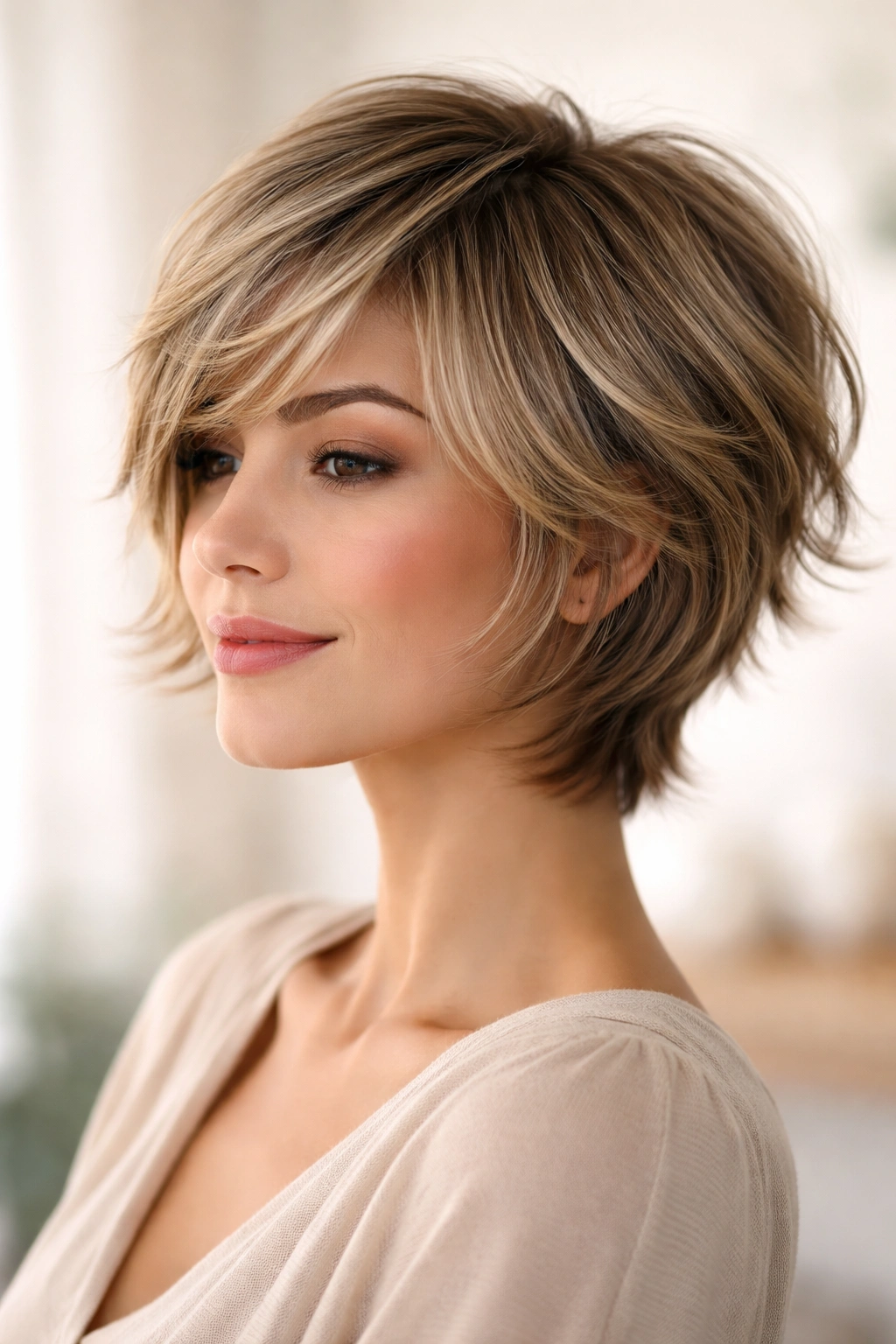 12 Short Haircuts With Long Layers That Flow Nicely 10 Feathered short cut with extended layers creating airy movement.